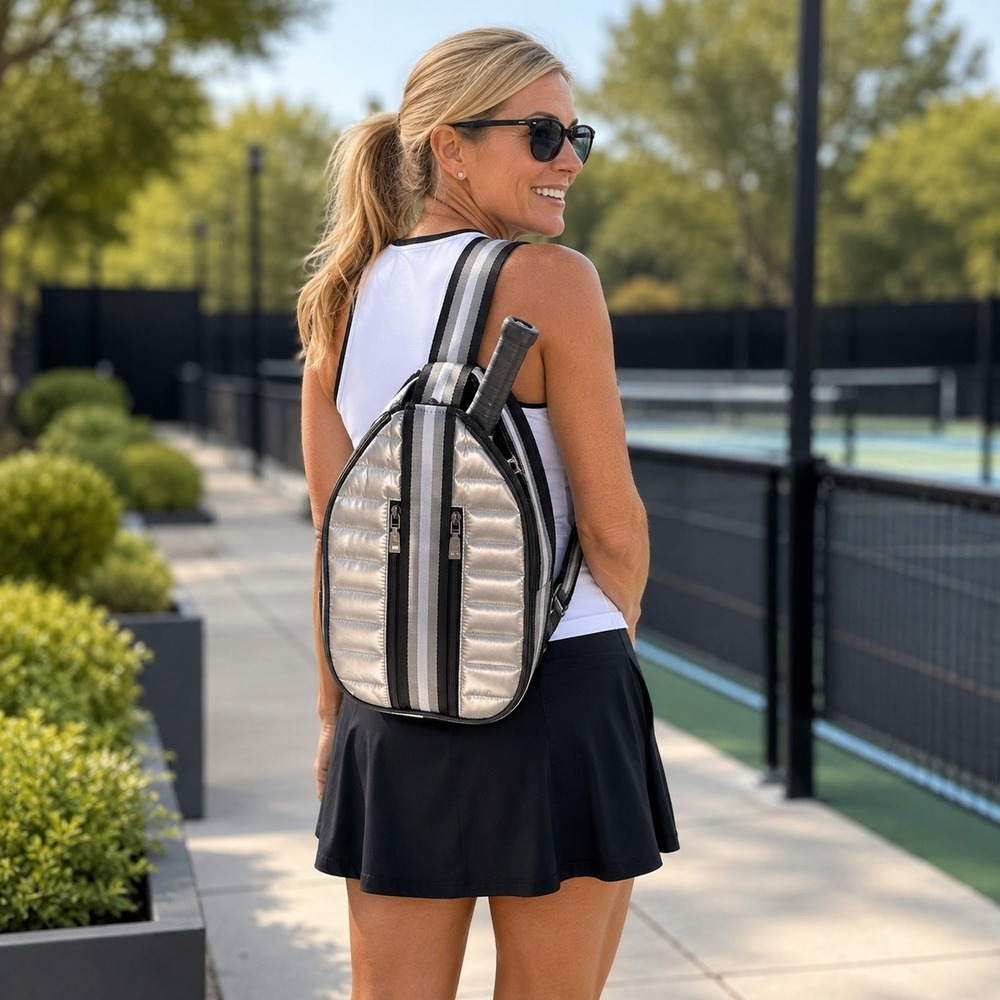 Think Royln Sling Bag Women Silver Quilted Athleisure Pickleball Crossbody